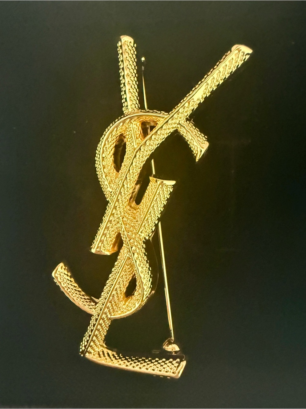 Yves Saint Laurent Gold Textured Monogram Brooch